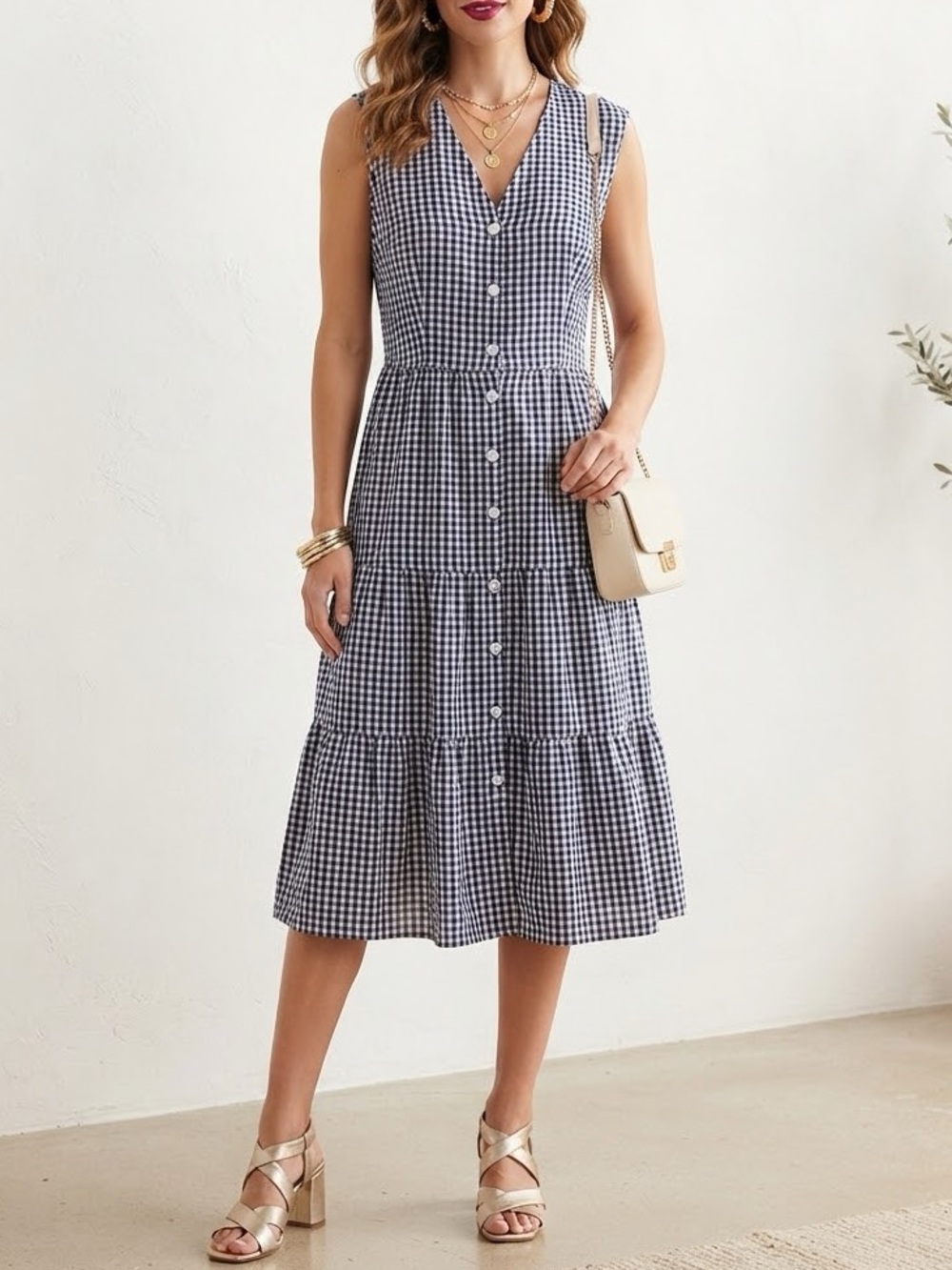 Sleeveless Black & White Gingham Button-Front Tiered Midi Dress